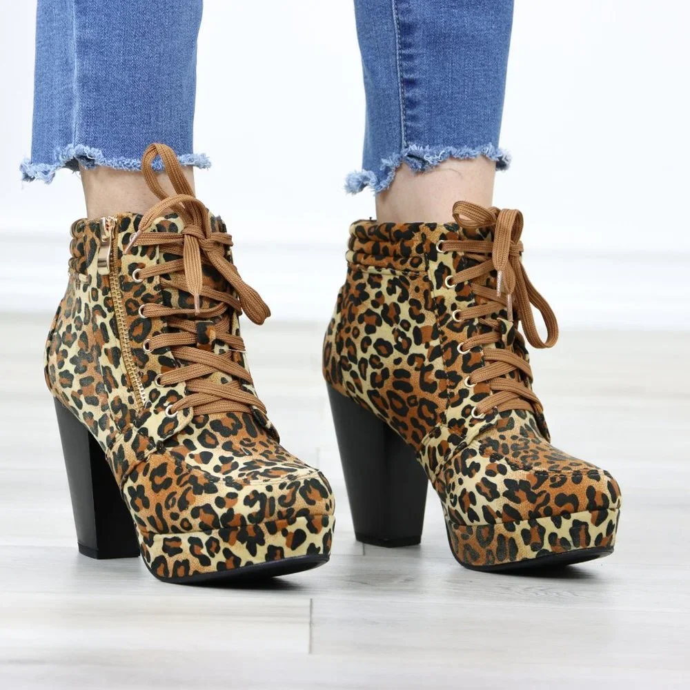 Leopard Platform Ankle Boots High Heel Leopard Faux Suede Lace-Up Block - Picture 2 of 12